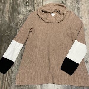 J. Jill Tan Cowl Neck Sweater with Black and White Sleeves